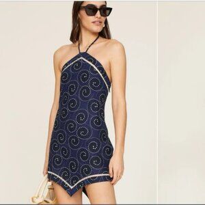 New STAUD Megan Linen Halter Mini Dress Navy Whirlpool 6, 14 MSRP $295
